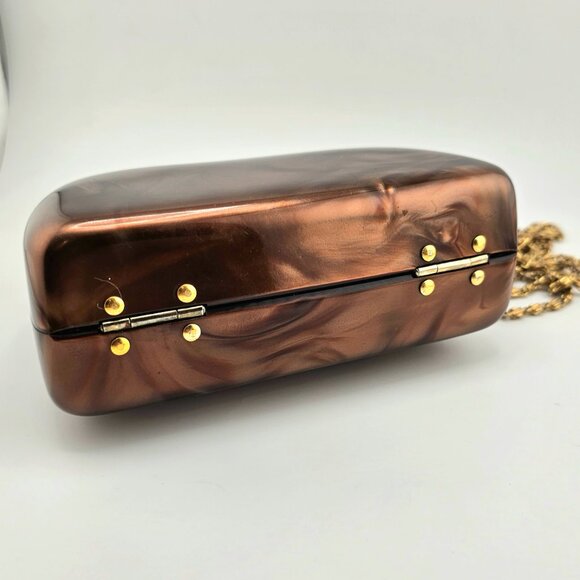 Vintage Brown Marbled Acrylic Box Clutch with Gold Chain Strap - Picture 7 of 16